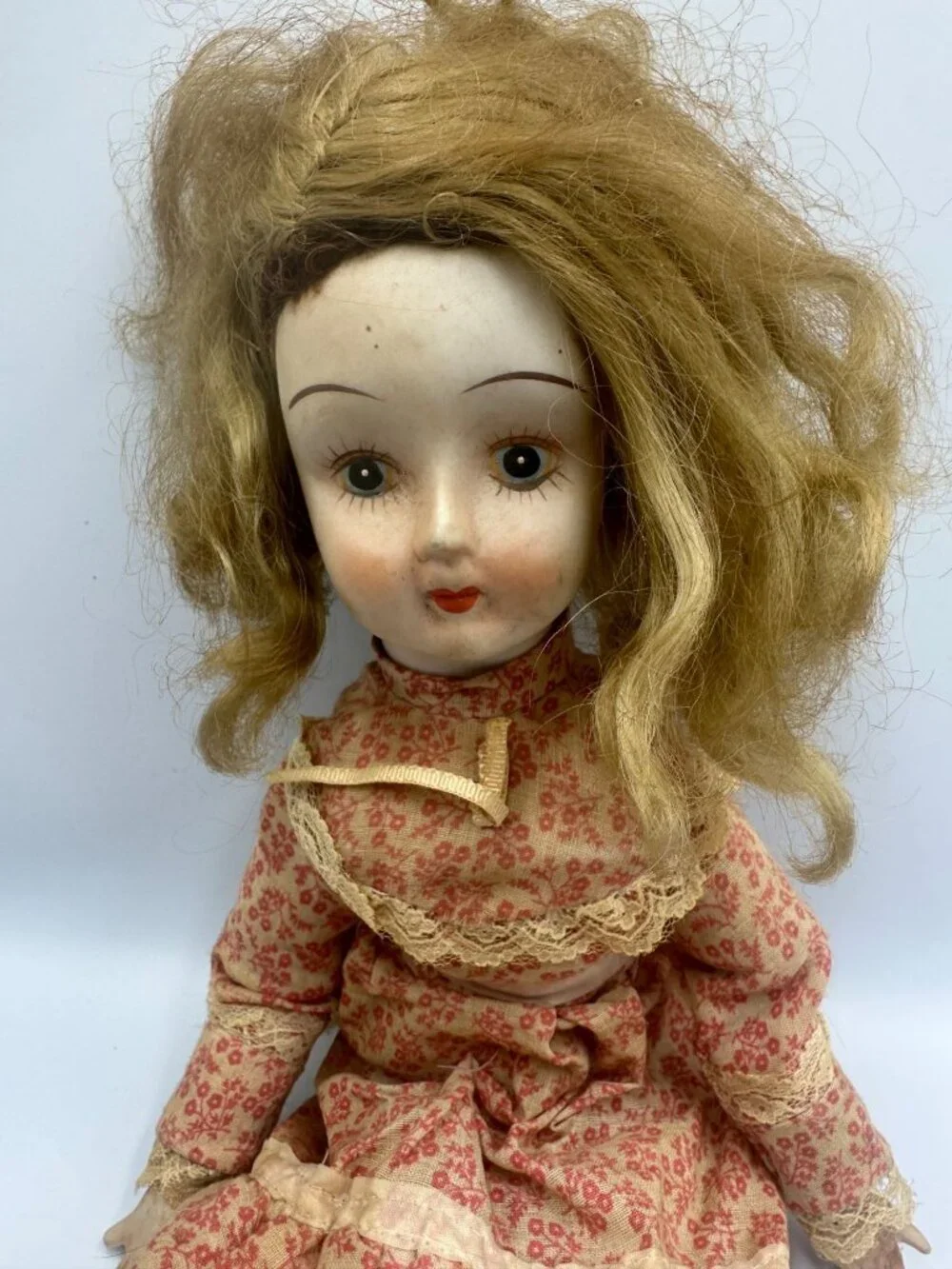 Antique Porcelain Doll With Floral Dress Blonde Hair & Lace Accents